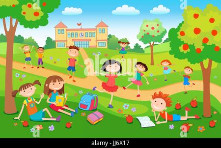 Enfants jouant sur l'herbe dans le parc avant l'école Illustration de Vecteur