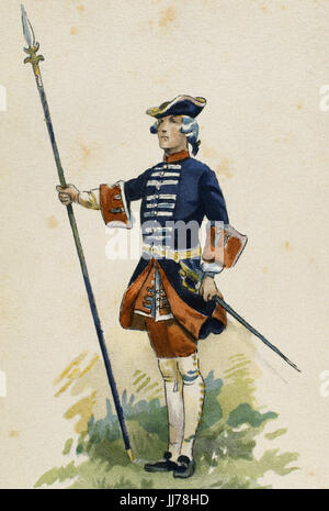 La France. Des uniformes militaires. 18e siècle. Le Français garde du roi Louis XV. La gravure. La couleur. Banque D'Images