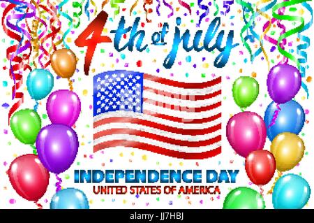 Illustration de l'affiche de la Journée de l'indépendance de Vector. Lettrage du 4 juillet. American drapeau rouge sur fond bleu avec étoiles et confettis. couleurs ballon Illustration de Vecteur