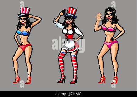 Jolie fille Porter du rouge, blanc et bleu pour le quatrième costume bikini de juillet vector art Illustration de Vecteur