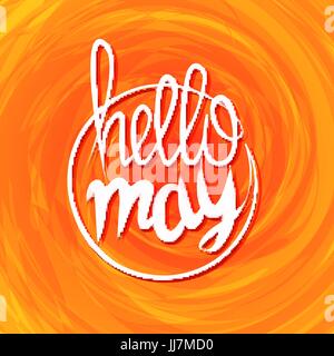 Bonjour printemps lettrage. Châssis de couleur jaune, Grange. Bonjour bandeau web. Bannière vente de printemps. Illustration vectorielle, ensoleillée. Dessin animé, bande dessinée art bulle Illustration de Vecteur