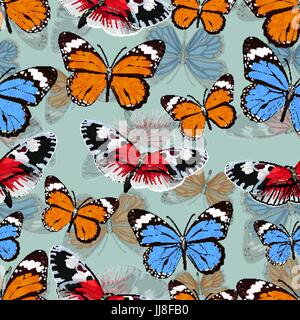 Motif transparent papillons, vecteur de fond. Insectes multicolores lumineux sur un fond vert gris. Pour le motif du tissu, des papiers peints, emballages, impression Illustration de Vecteur