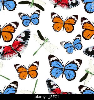 Les papillons et les libellules, motif transparent background vector. Insectes multicolores lumineux sur un fond blanc. Pour le tissu, la conception d'écran, wrapp Illustration de Vecteur