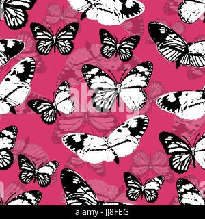 Les papillons, modèle transparent background vector monochrome. Divers insectes noir et blanc sur un fond rose. Pour les dessins de tissu, papiers peints, papier d'emballage Illustration de Vecteur