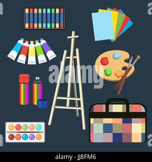 Fournitures d'art réaliste, définir le matériel artistique. Chevalet, pastel, aquarelle, peinture en tubes, palette et pinceau, de la peinture en aérosol dans le sac, papier, peut-dossier. Ve Illustration de Vecteur