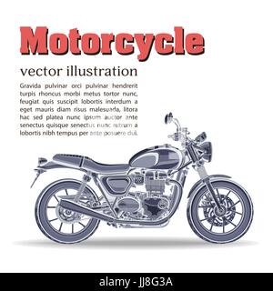 Vecteur de moto vintage, bannière, affiche, flyer, carte, couverture. Moto bleu demi-face avec beaucoup de détails sur un fond blanc Illustration de Vecteur