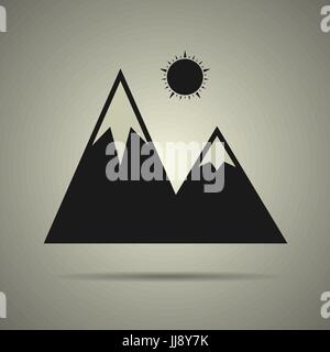 Les montagnes avec l'icône de soleil, style noir et blanc, isolé Illustration de Vecteur