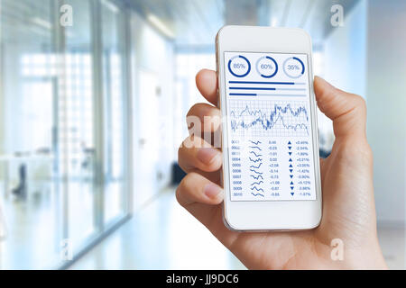 L'écran du Smartphone avec tableau de bord financier placements boursiers, business intelligence (BI), et des indicateurs de rendement clés (IRC) et offi floue Banque D'Images