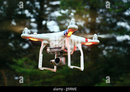 Drone planant dans l'air contre un arrière-plan boisé. Banque D'Images