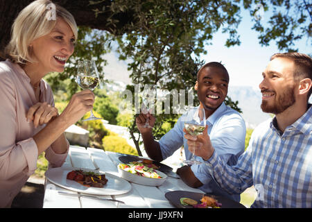 Smiling friends having verre de champagne au restaurant Banque D'Images