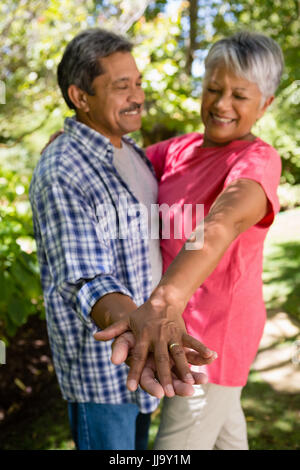 Happy senior couple dancing in garden sur une journée ensoleillée Banque D'Images