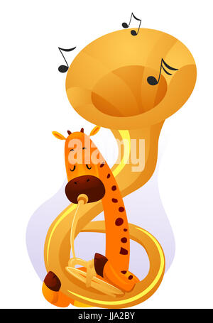 Doté d''une illustration Mascotte Animal Cute Giraffe jouant avec un grand Tuba enroulé autour de son cou Banque D'Images