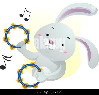 Illustration Mascotte animale dotée d''un lapin mignon jouant avec des tambourins Banque D'Images