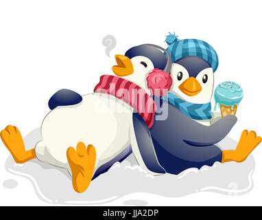 Mascot Illustration d'une jolie paire de pingouins joyeusement la crème glacée Banque D'Images