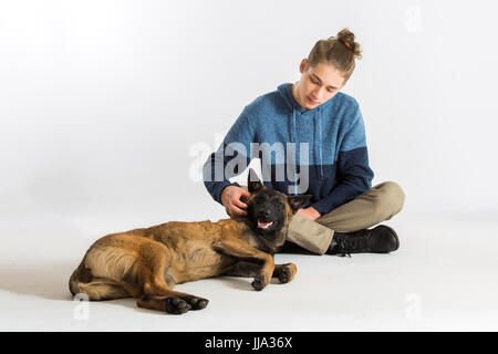 Un jeune mâle chiot Malinois belge sur un fond blanc avec teenage boy Banque D'Images