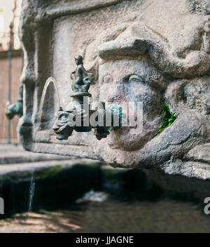 Petite fontaine en pierre à cour intérieure de l'ancienne cathédrale de la Sainte Croix et Sainte Eulalia à Barcelone, Catalogne, Espagne Banque D'Images