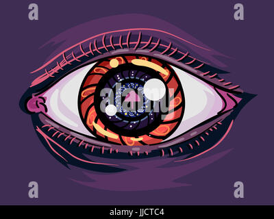 Illustration psychédélique d'un Œil humain dilatée décorées avec des tourbillons colorés Banque D'Images