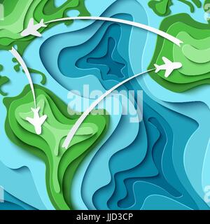 Paper planes voler à travers la carte du monde. Autour du Monde - travel concept. Coupe papier 3d Conception du tourisme. Temps de voyage illustration vectorielle. Locations de con Illustration de Vecteur