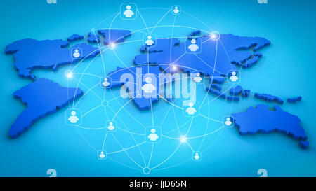 Le rendu 3D de l'interface réseau social avec carte du monde Banque D'Images