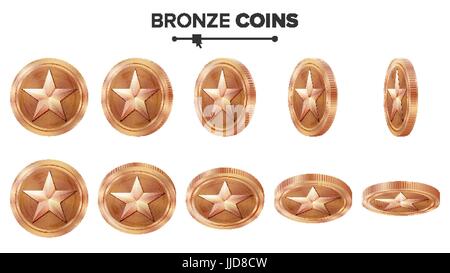 3D jeu de pièce de bronze avec Vector Star. Différents angles de bascule. Réalisation Coin Icônes, signe, succès, gagnant, Bonus, symbole de trésorerie. Illustration isolé sur blanc. Pour le Web, l'interface de jeu ou d'un app. Illustration de Vecteur