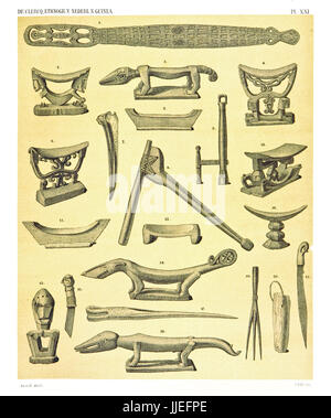 Illustration d'objets ethniques de l'Ouest et de la côte nord de la Nouvelle-Guinée néerlandaise. Par F.S.A. De Clercq et J.D.E. Leiden 1893, Schmeltz Banque D'Images