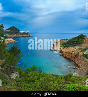 Sea bay vue d'été avec les conifères à l'avant. Costa Brava, Catalogne, espagne. trois coups de croix de l'image. Banque D'Images