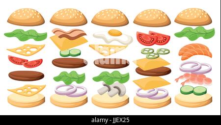 Série d'illustrations des hamburgers délicieux sandwich ss. Ingrédients : petits pains, fromage, bacon, tomate, oignon, laitue, concombres, oignons, cornichons jambon beefs Illustration de Vecteur