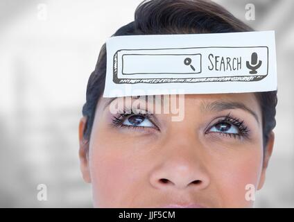 Digital composite de Close up of woman avec carte sur la tête montrant la barre de recherche floue grise contre gris escaliers Banque D'Images