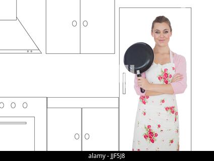 Digital composite of woman avec poêle et les mains pliées dans Illustrator de cuisine Banque D'Images