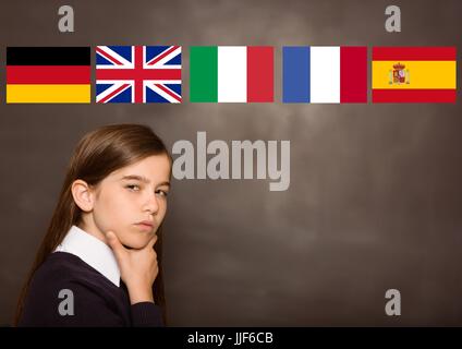 Composite numérique de langue principale flags over girl, blackboard background Banque D'Images