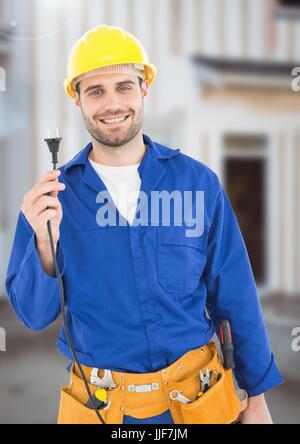 Digital composite de l'électricien avec câbles de fils sur chantier Banque D'Images