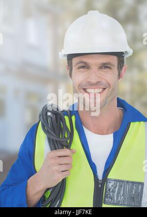 Digital composite de l'électricien avec câbles de fils sur chantier Banque D'Images