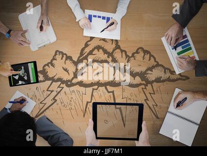 Digital composite des frais généraux de l'équipe commerciale avec panneau et storm cloud doodle Banque D'Images