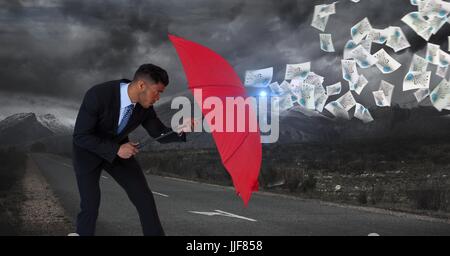 Digital composite de l'image numérique de documents d'affaires defencing avec parapluie rouge en se tenant sur le route contre cl Banque D'Images