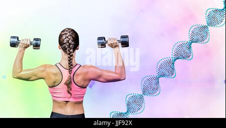 Femme de prendre du poids avec tirage de l'ADN contre les feux vert et rose Banque D'Images