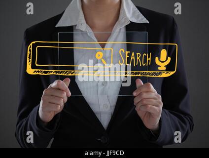 Digital composite of business woman mid section avec dispositif de verre derrière la barre de recherche jaune contre l'arrière-plan gris Banque D'Images