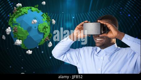 Digital composite de Woman lunettes VR tout en regardant l'image 3D de la planète terre Banque D'Images