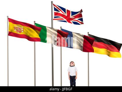 Composite numérique de langue principale flags over boy looking up Banque D'Images