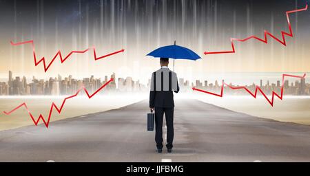 Composite numérique numérique de l'image composite de la foudre flèches sur bleu tenu par l'homme d'affaires avec stan porte-documents Banque D'Images