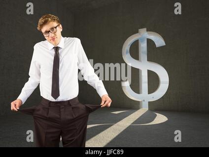 Digital composite of young businessman avec poches vides dans un dollar prix Banque D'Images