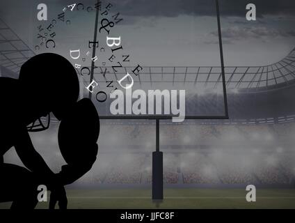 Composite numérique du joueur de football penser silhouette dans le champ avec le texte autour de la tête Banque D'Images