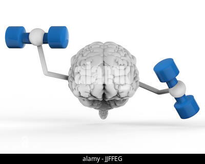 Le rendu 3D cerveau holding dumbbells sur fond blanc Banque D'Images