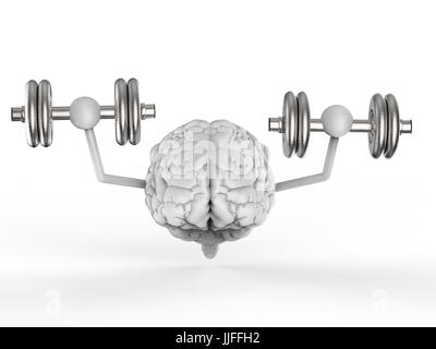 Le rendu 3D cerveau holding dumbbells sur fond blanc Banque D'Images