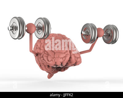 Le rendu 3D cerveau holding dumbbells sur fond blanc Banque D'Images