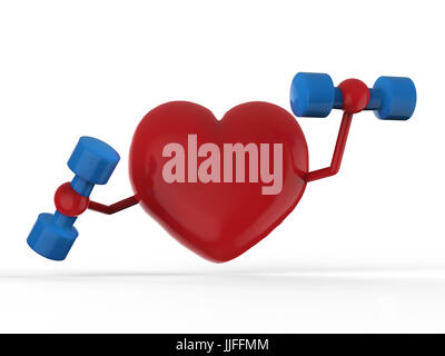 Le rendu 3d red heart holding dumbbells sur fond blanc Banque D'Images