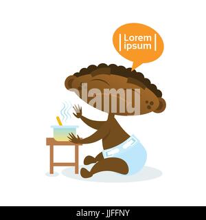 Cute African American Baby Boy refuser tout-petits alimentation du nourrisson l'érythème en bande dessinée heureux Illustration de Vecteur