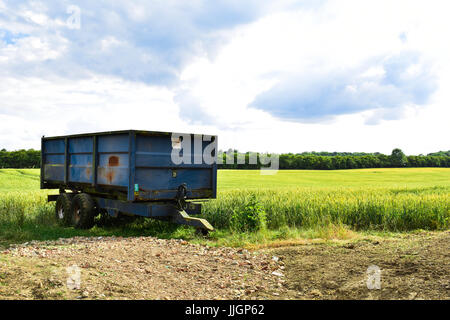 Rusty ancien bleu tracteur agricole assis dans un champ de blé avant la récolte à l'été en Angleterre Banque D'Images