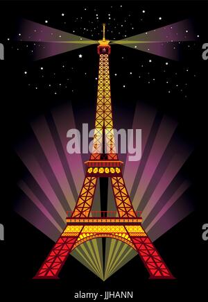 Vector Illustration : Tour Eiffel dans la nuit avec spots et srars sur fond noir Illustration de Vecteur