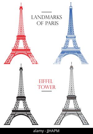 Jeu de vector isolated Tour Eiffel en noir, blanc et couleurs : contour et silhouette sur fond blanc Illustration de Vecteur