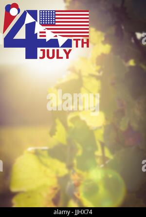 Quatrième de juillet graphique avec drapeaux et la crème glacée contre les feuilles et les fusées Banque D'Images